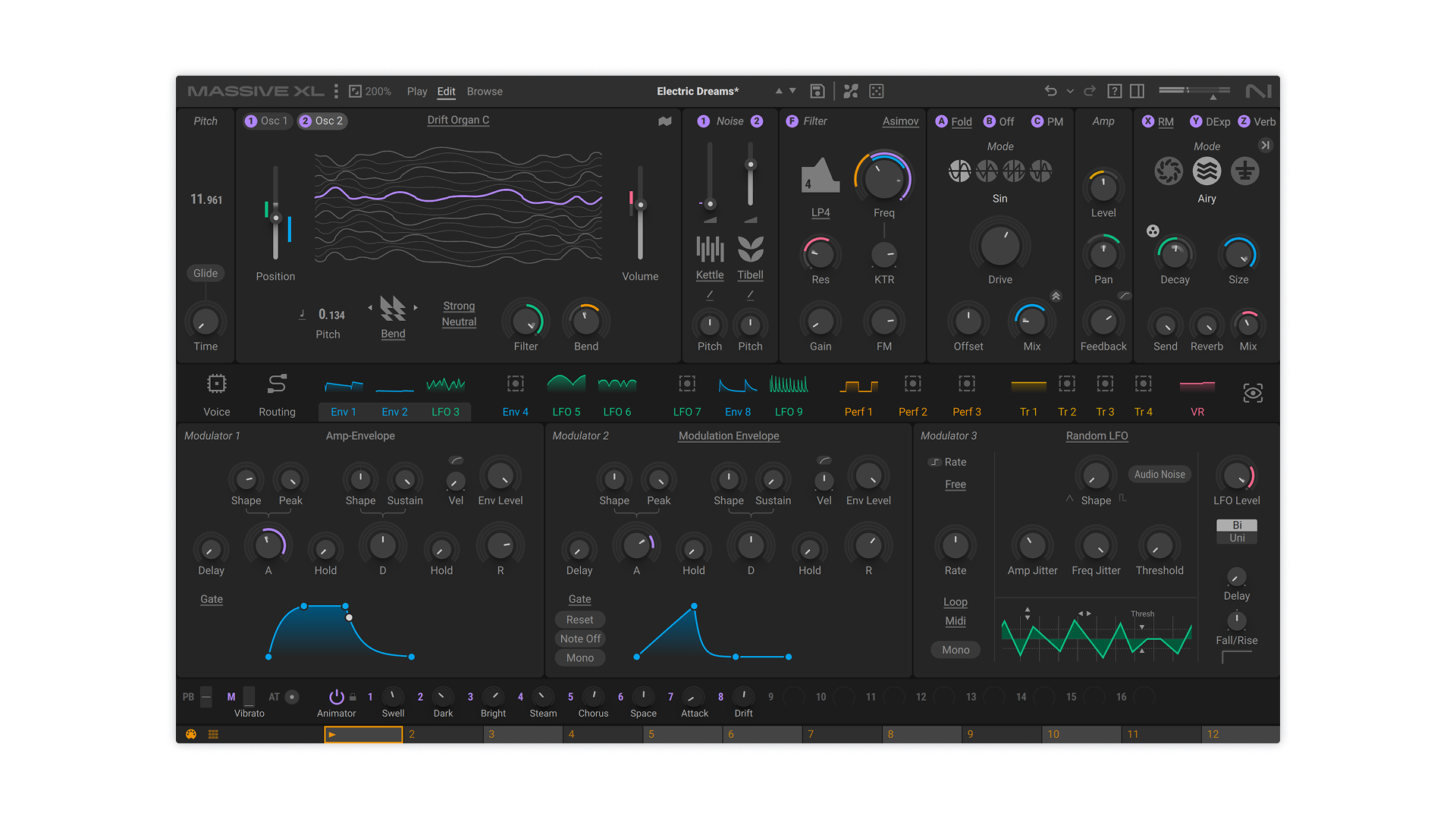 Native Instruments Massive XL single-oscillator view with wavetable visualization and modulation envelopes