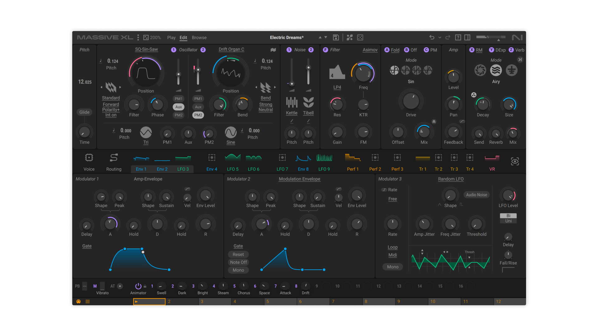 Massive XL two-oscillator interface with filters effects and modulation controls