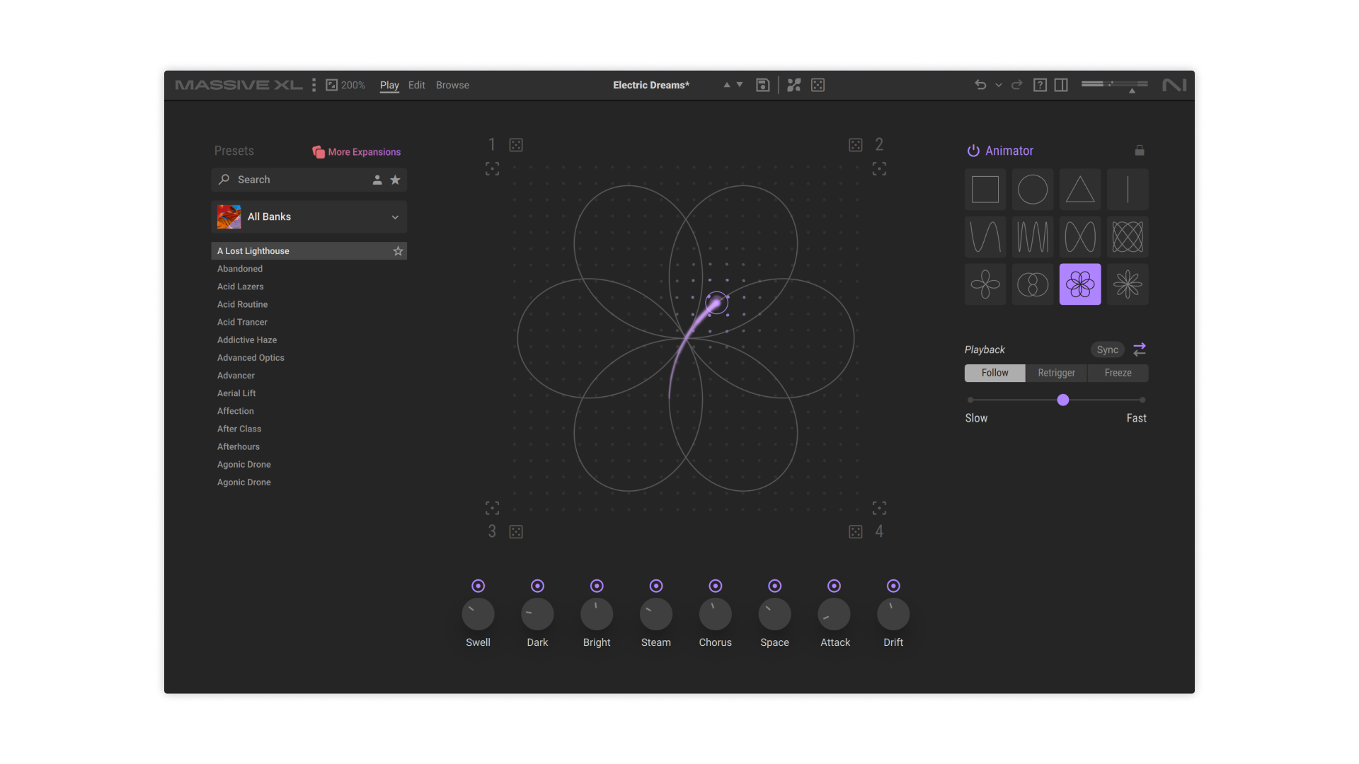 Massive XL Morpher performance view with Animator shapes preset browser and macro controls