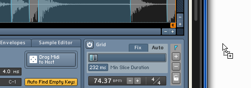 The Sync / Slice editor with the Drag Midi to Host button enabled after automapping zones.