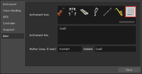 The Infos tab of the Instrument Options dialog.