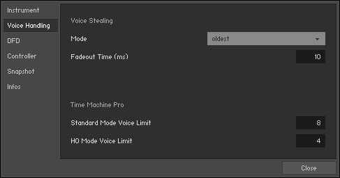 The Voice Handling tab of the Instrument Options dialog.