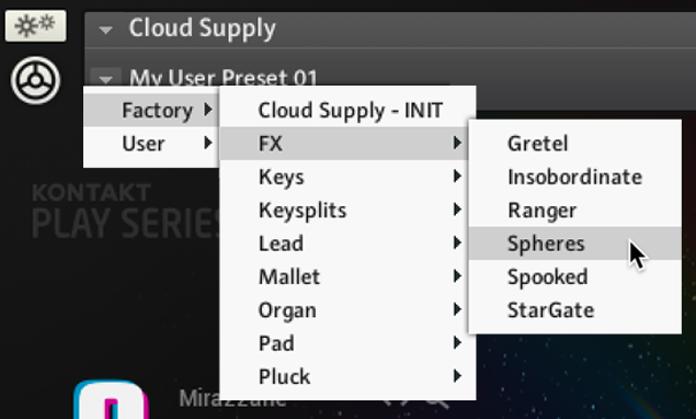 The expanded snapshot submenu after selecting the Factory and FX categories.