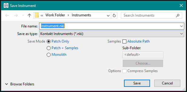The Save Instruments diaolog as it is appears in Windows 10.