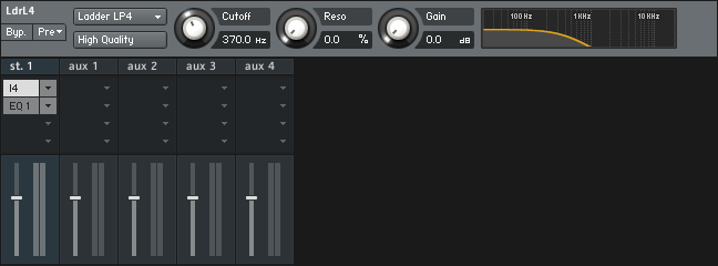 The Output channel with Effects inserted. A lowpass filter and an EQ has been loaded, the filter interface is visible.