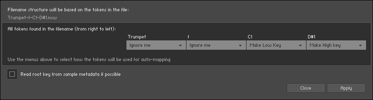 The Auto Mapping dialog, displaying a filename that has been split up into four tokens.​