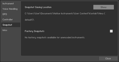 The Snapshot tab of the Instrument Options dialog.