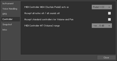 The Controller tab of the Instrument Options dialog.
