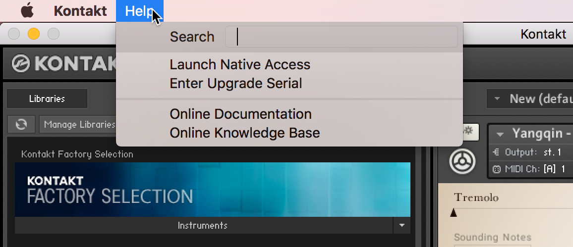 The Help menu expanded of the stand-alone Kontakt application.