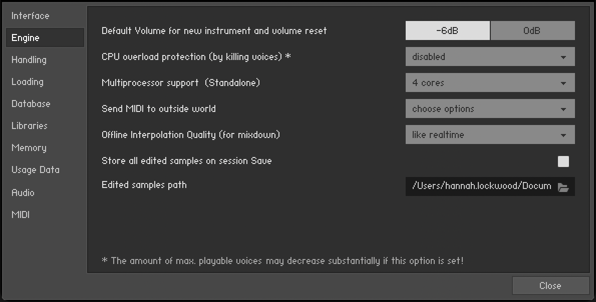 The Engine Tab of the Options dialog.