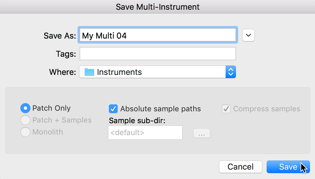 The Save Multi-Instrument dialog as it appears in Mac OS.