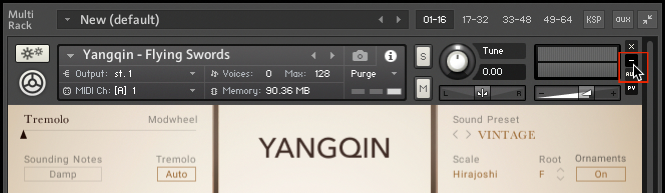 The Yangqin instrument, with the Minimize Instrument button highlighted.