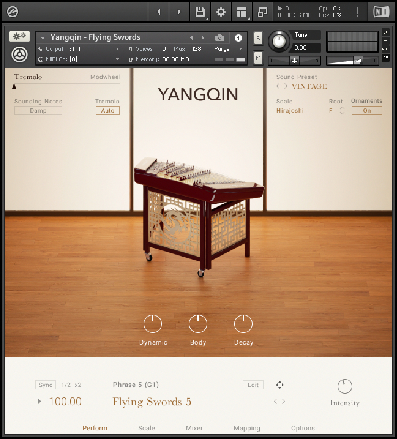 The Yangqin instrument interface after pressing the Minimize View button. Only the instrument interface and the Kontakt Player header are visible.
