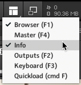 The Kontakt Workspace menu expanded. The cursor is hovering over the Info entry.