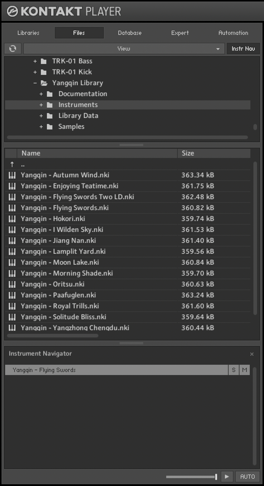 The files tab of the Kontakt Player browser.