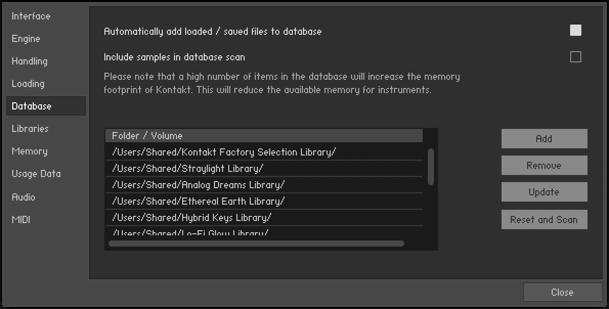 The Database Tab of the Options dialog.