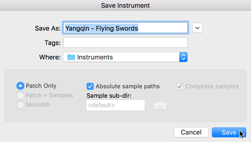 The Save Instrument dialog as it appears in Mac OS.