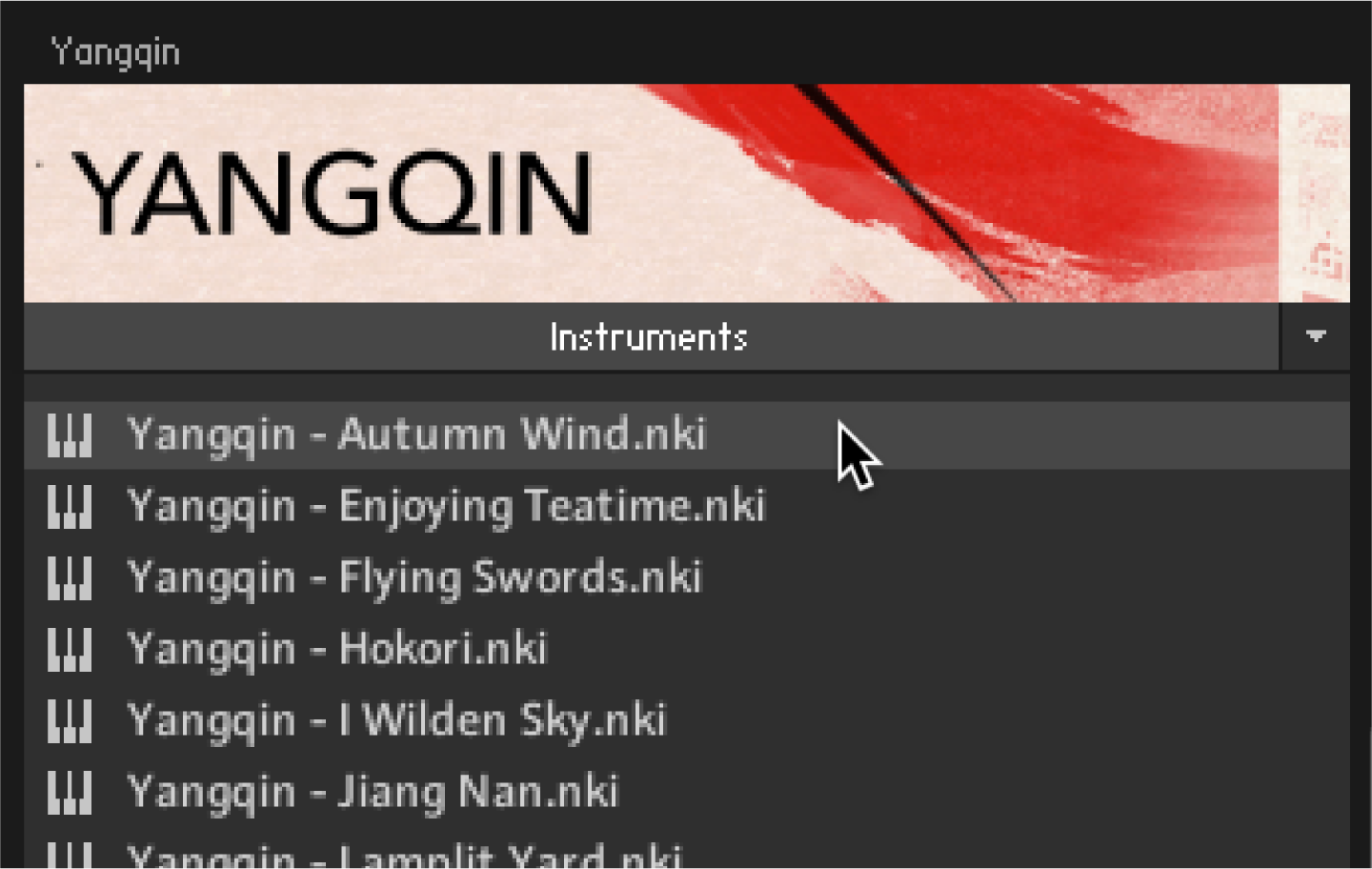 The Yangqin - Autumn Wind instrument highlighted in the browser.