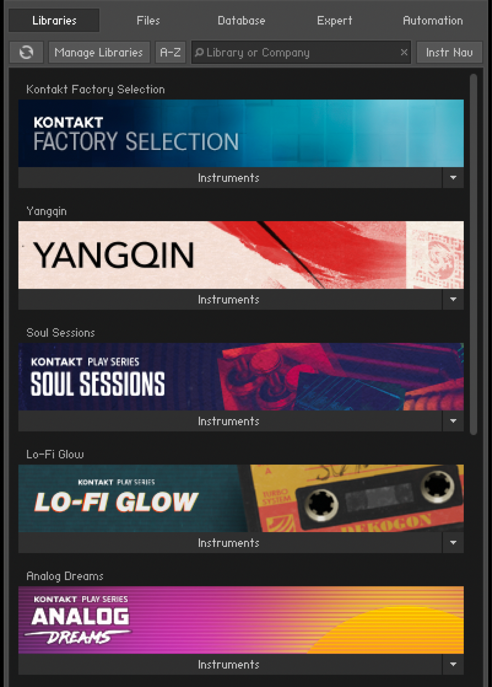 The Kontakt Player browser with instruments Yangqin, Soul Sessions, and the Kontakt factory selection.