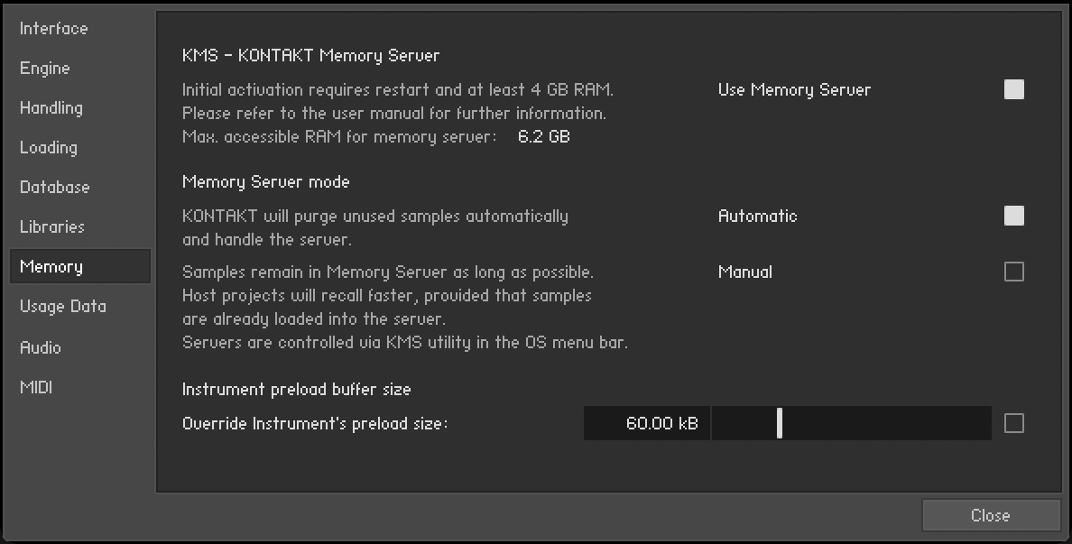 The Memory tab including server mode options.