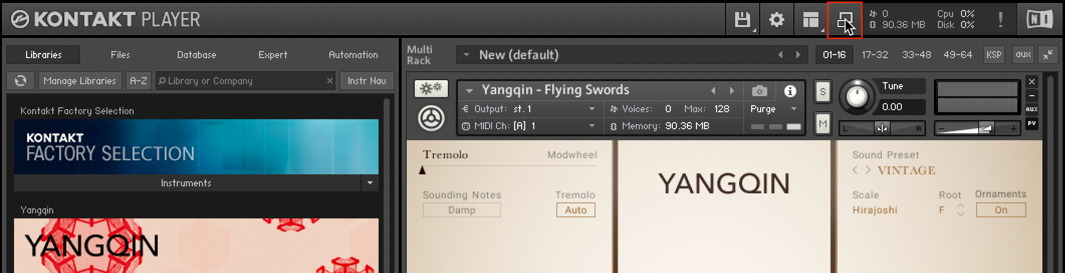 The upper part of the Kontakt Player interface, with the Minimize View button highlighted.