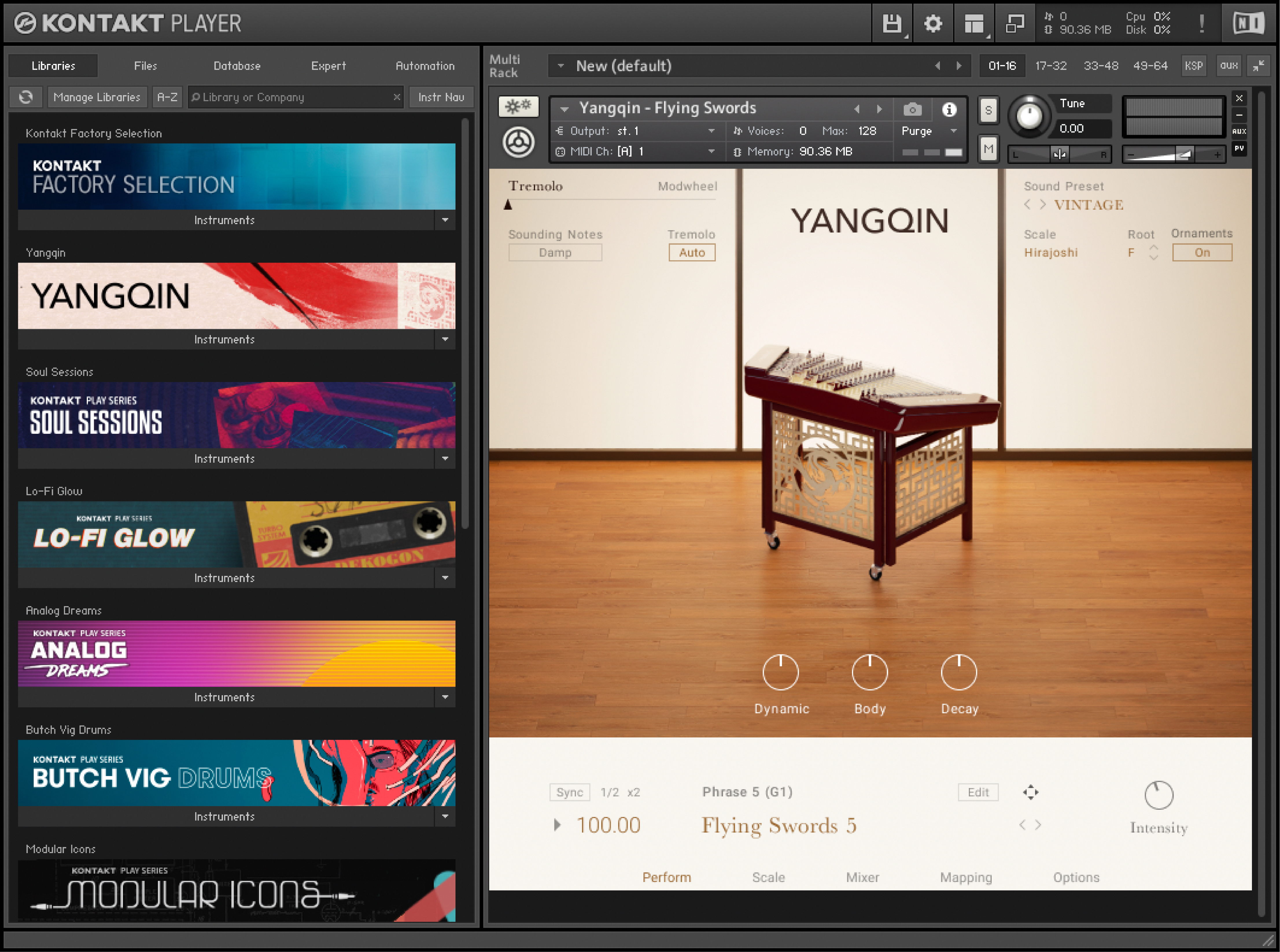 The Kontakt Player interface. The Yangqin instrument has been loaded.