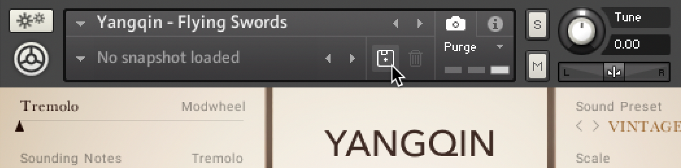 The instrument header of the Yangqin instrument. The mouse cursor is hovering over a disc icon to save a user preset.