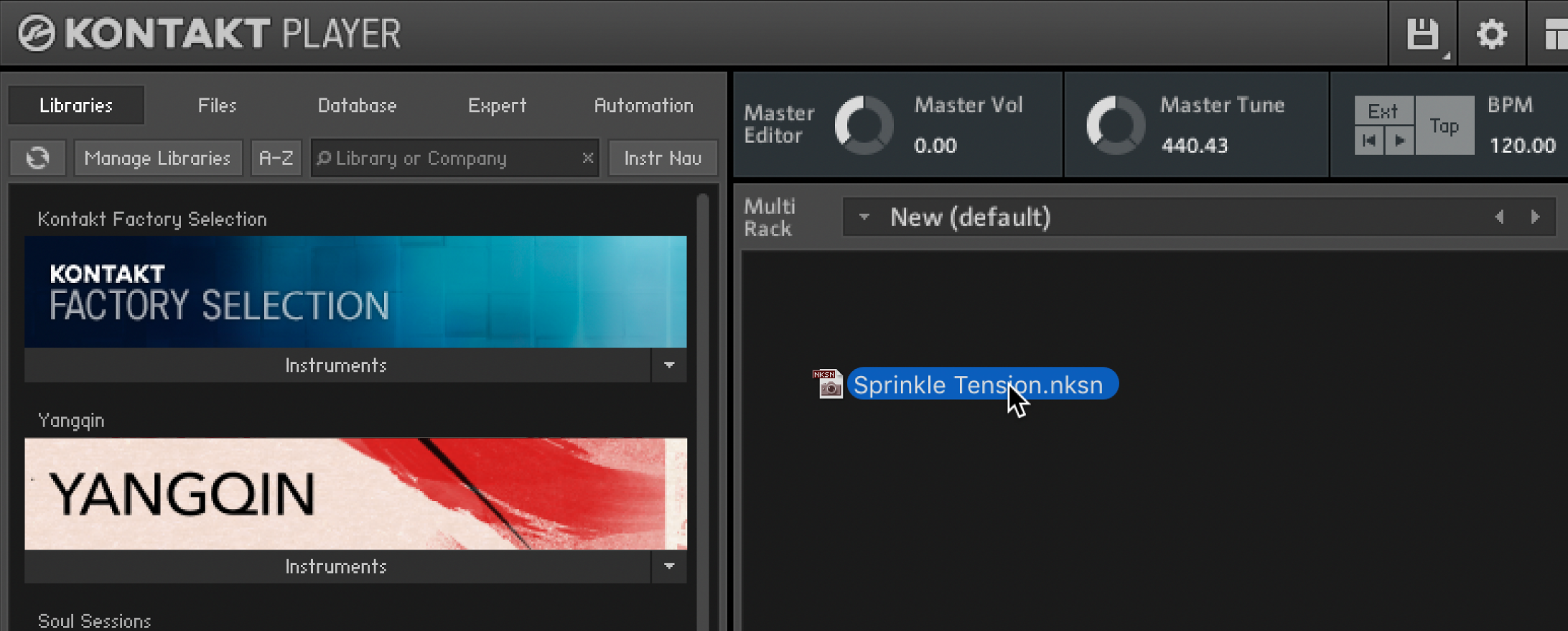 The Kontakt user interface. The mouse cursor is dragging a Kontakt snapshot file into an empty rack.