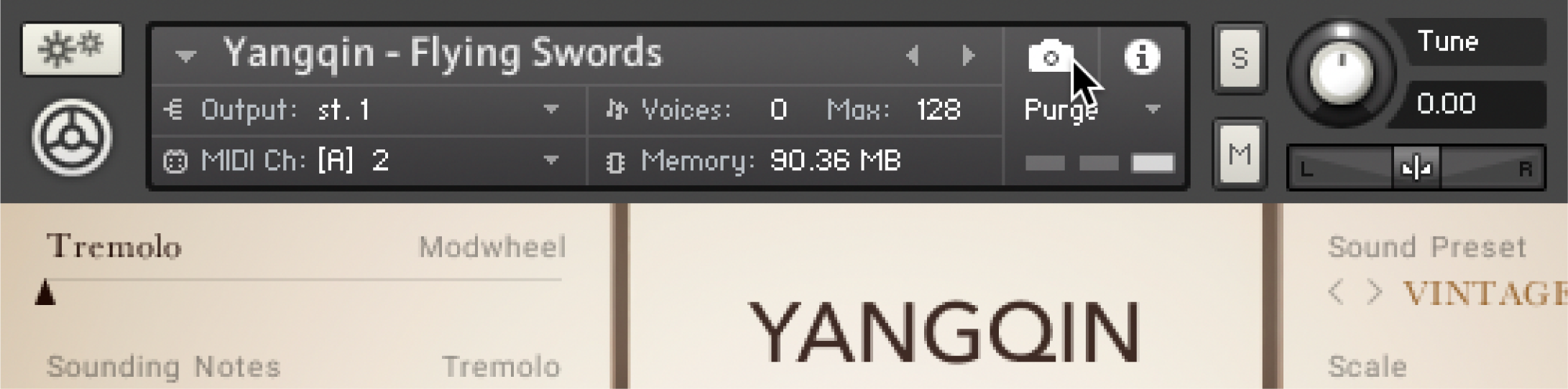The user interface of the Yangqin Kontakt instrument. The snapshot button, indicated by a camera icon, is highlighted with the mouse cursor.