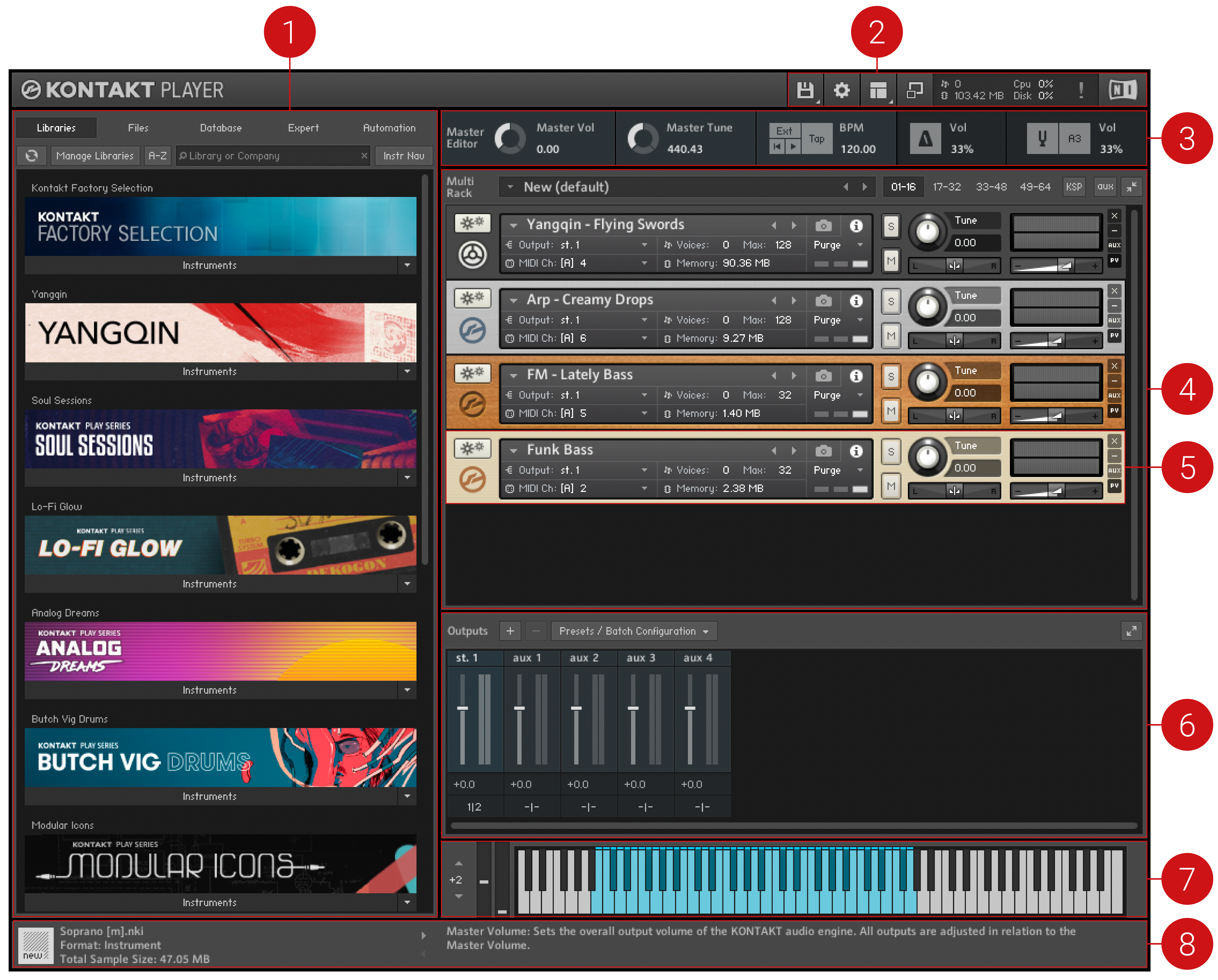 The Kontakt Player interface, with various areas highlighted. These areas are described below.