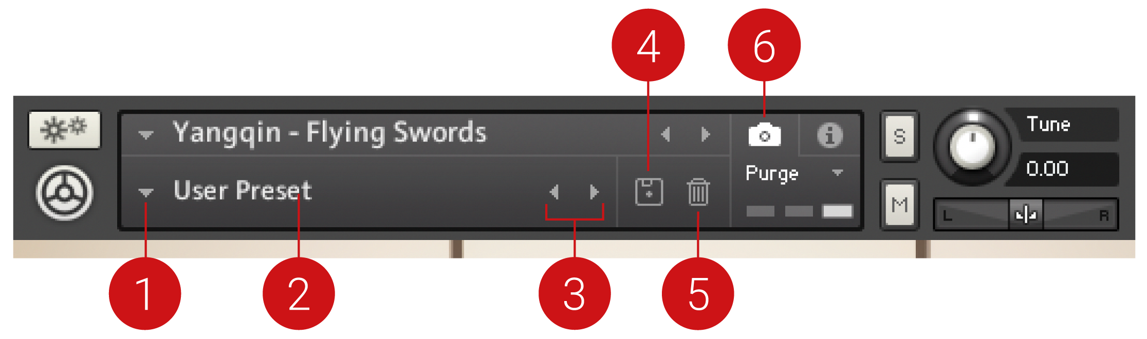 The snapshot menu of an instrument consists, from left to right: a button to load snapshots, the snapshot name, left and right buttons to select snapshots, a button to save snapshots, a button to delete snapshots, and a view button to show or hide snapshots.